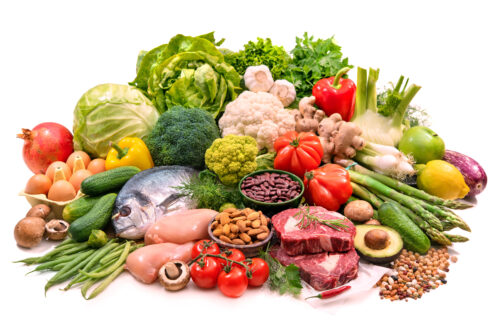 Balanced diet food background. Selection of various paleo diet products for healthy nutrition